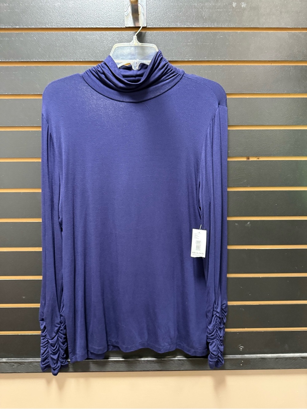Passports Ruched Sleeve Turtleneck Top XL NWT Navy Stretch Knit